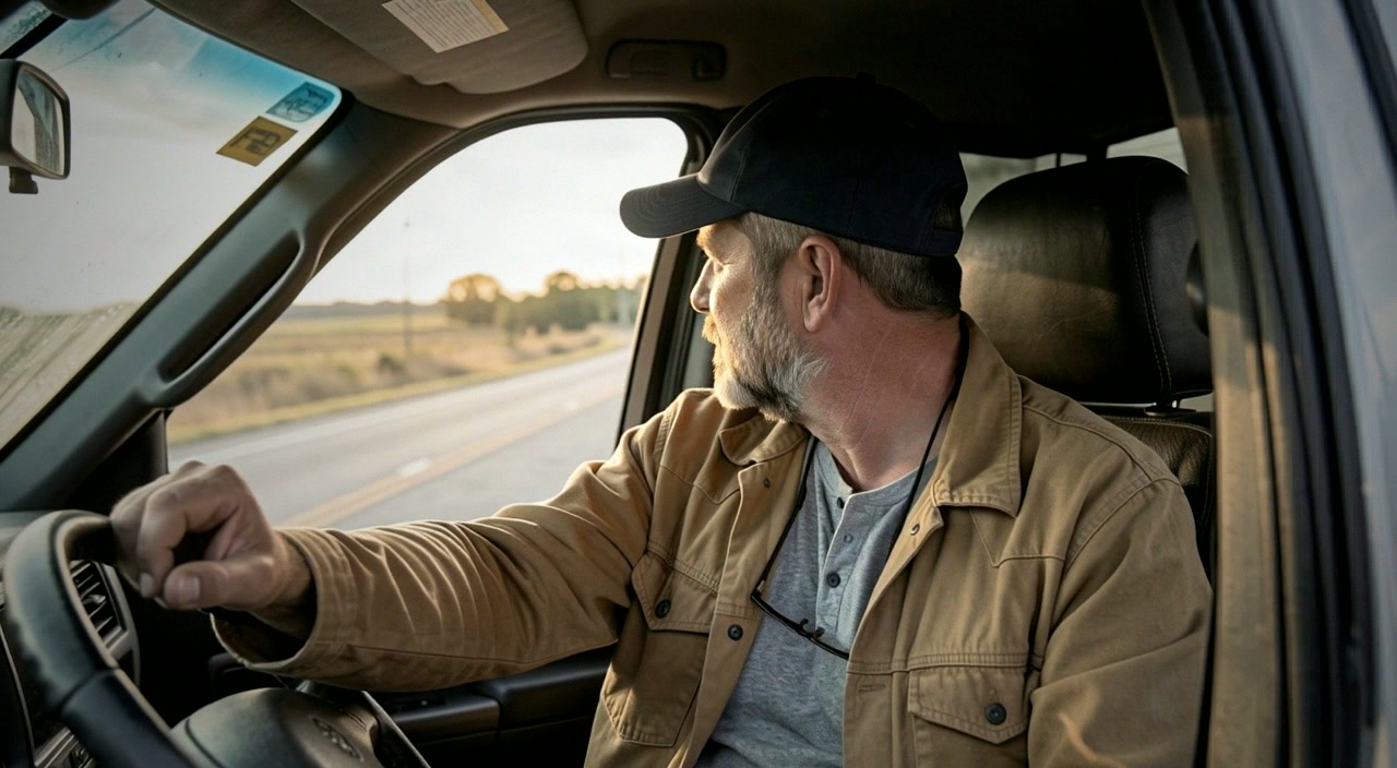 Dale at the wheel of his work truck, early morning