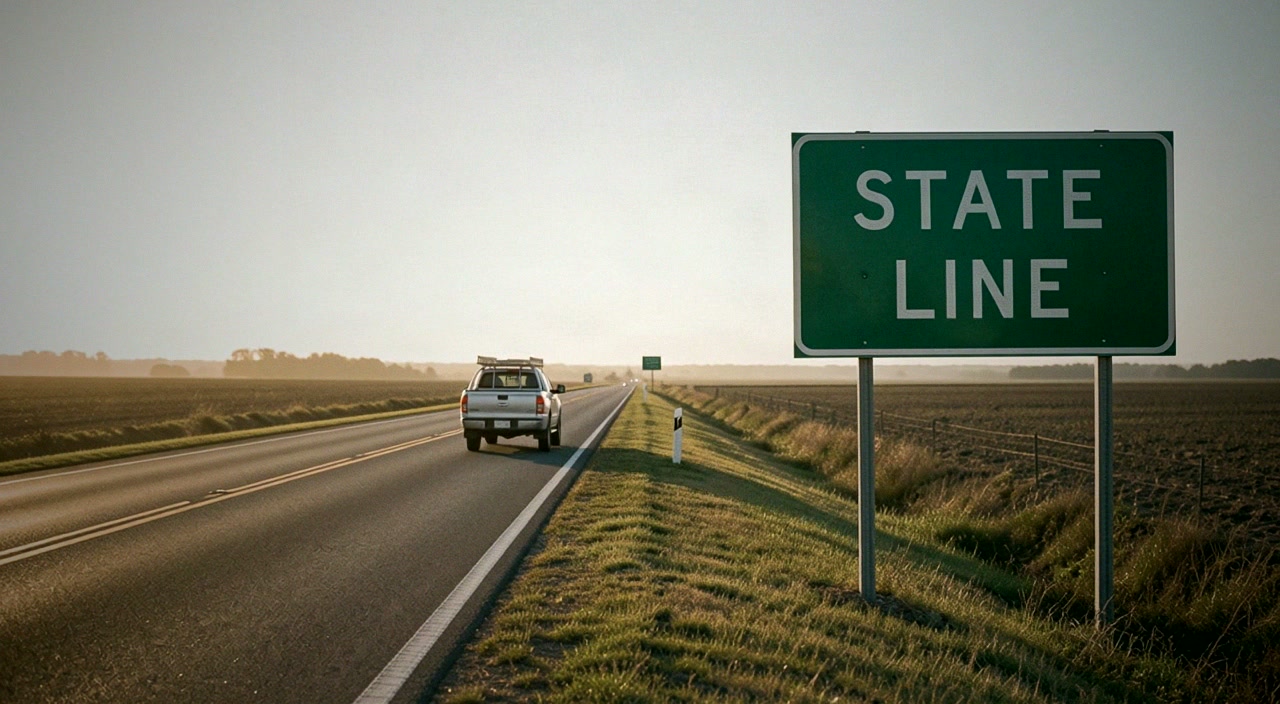 A pickup on a two-lane road passing a green highway sign that reads State Line